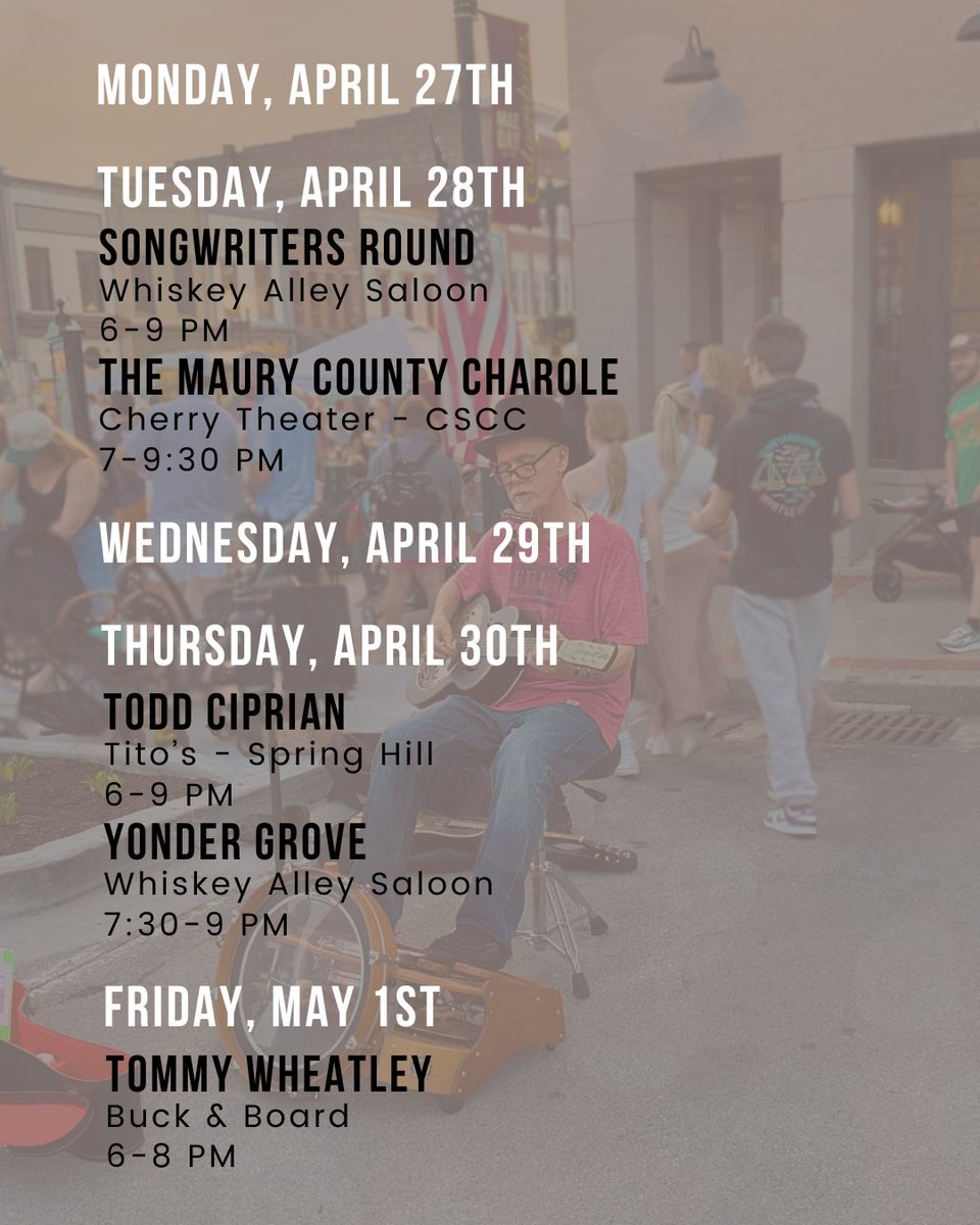 experiencemaury's tweet image. 🎶 Ready for a week full of great music? 🎸✨

Check out our Live Music Lineup for April 27 – May 3 and make plans to enjoy some amazing local talent all across Maury County! 🎤🎻

Tag a friend and let’s go catch a show! 🎵🎉

#ExperienceMaury #MauryCounty #LiveMusic