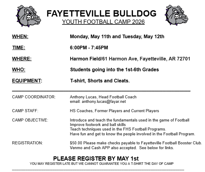 FayBulldogsFB's tweet image. It is almost time once again for the Purple Dog Football Youth Camp! We can't wait to see all our our future Purple Dogs! #Together #SayLess #PurpleReign ☔
@alucas80 @FayBulldogs