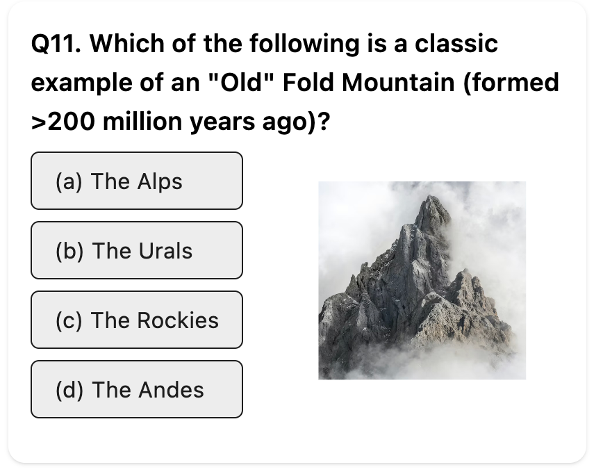 wingzpire_main's tweet image. Do you know the correct answer related to "Mountains"?

Difficulty: MEDIUM

Q. Which of the following is a classic example of an "Old" Fold Mountain (formed &amp;gt;200 million years ago)?

#UPSC #Geography