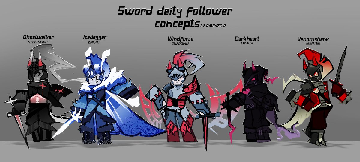 rawazoir's tweet image. the quality is buns but I did finish the lineup
Ghostwalker, Icedagger, Windforce, Darkheart aaand Venomshank follower skin concepties for fun &amp;gt;:D

lets all be red and not tell Icedagger knight /j

#sword #phighting #roblox