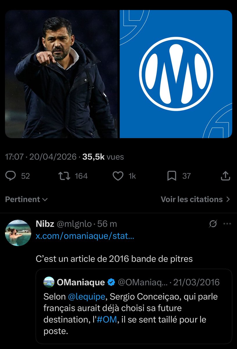 OManiaque's tweet image. On a RT un vieux tweet de 2016 qui stipulait que Conceiçao voulait venir à l’#OM, @VibesFoot qui fait des copier/coller tombe dans le panneau et affirme que l’entraîneur veut rejoindre l’#OM.