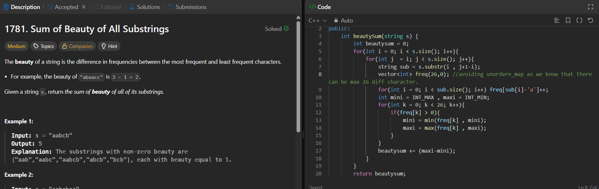 AyushKumar97861's tweet image. Day 14/100 #100DaysOfCode

Solved:

Sum of Beauty of All Substrings
Reverse Words in a String

Key ideas:

Frequency + substrings
Reverse the whole string then manupulate the string smartly inplace.

#DSA #cpp #LeetCode #GeeksforGeeks #Striver