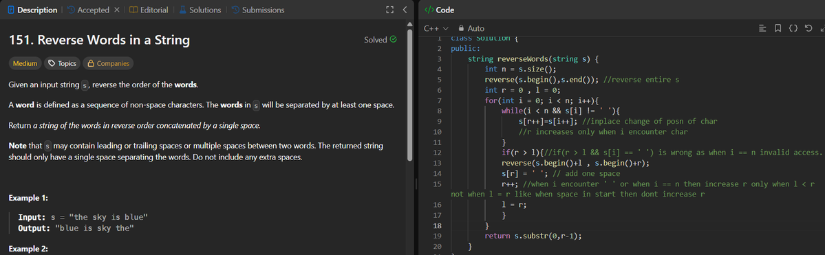 AyushKumar97861's tweet image. Day 14/100 #100DaysOfCode

Solved:

Sum of Beauty of All Substrings
Reverse Words in a String

Key ideas:

Frequency + substrings
Reverse the whole string then manupulate the string smartly inplace.

#DSA #cpp #LeetCode #GeeksforGeeks #Striver