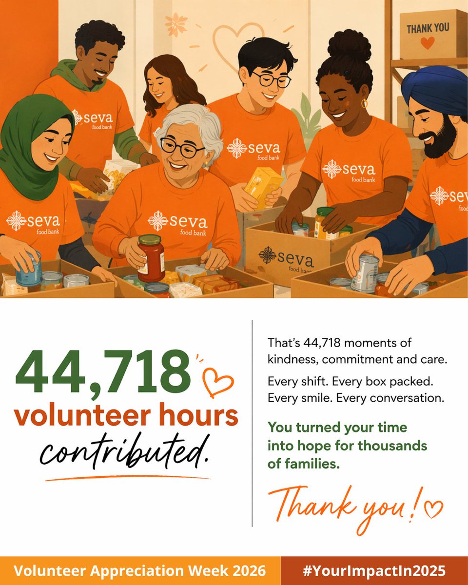 SevaFoodBank's tweet image. 44,718 hours of care, commitment, and community in 2025 alone.
This National Volunteer Appreciation Week, @SevaFoodBank celebrates the people who make this work possible. 🧡
#VolunteerAppreciationWeek #SevaFoodBank #CommunityImpact