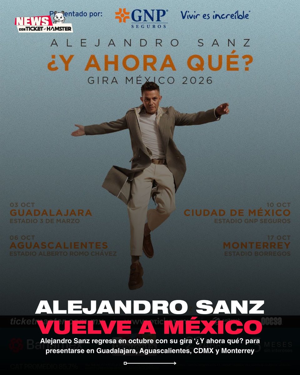 ticketelhamster's tweet image. 🚨Alejandro Sanz en 🇲🇽
📍Guadalajara, Aguascalientes, CDMX y Monterrey 
🗓️Octubre de 2026

🎫Preventa Banamex 29 de abril 2 PM
🎫Venta General 30 de abril 2 PM

#ticketelhamster #alejandrosanz @ApodacaGroup @ocesa_total