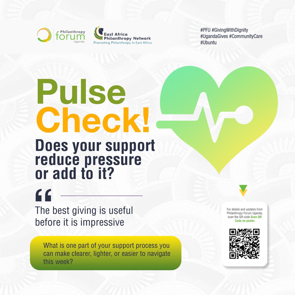 philanthropy_ug's tweet image. 💛PFU Pulse Check!

Does your support reduce pressure or add to it?

“The best giving is useful before it is impressive.”

Good giving works when support is clear, timely, and easy to use. That is what respectful, steady support looks like.

ℹ️: instagram.com/philanthropyfo…

#PFU