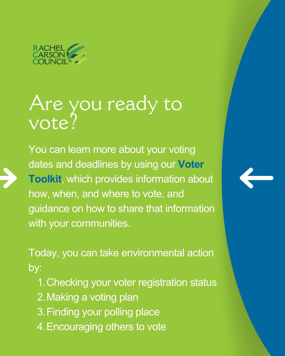 RachelCarsonDC's tweet image. Voting isn’t just a political issue, it’s an environmental one. 

Our Voter Toolkit offers clear, nonpartisan guidance on how, when, and where to vote, plus resources to help you share that information with your community: rachelcarsoncouncil.org/voter-toolkit/ 

#RCCVotes #GetOutTheVote