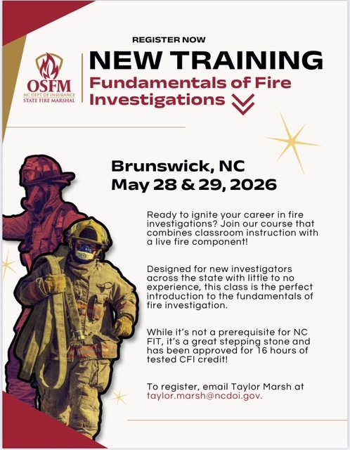 bccemergencysvc's tweet image. 🔥 NEW TRAINING
Fundamentals of Fire Investigations
📍 Brunswick, NC
📅 May 28 &amp;amp; 29, 2026

Hands-on course with classroom + live fire component.
✔ 16 hrs CFI credit
✔ Ideal for new investigators
📧 Register: taylor.marsh@ncdoi.gov

#FireTraining #FireInvestigation #PublicSafety