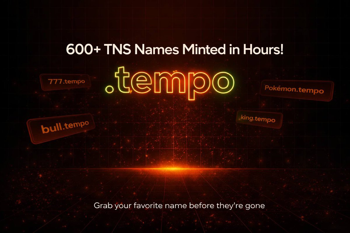 tntswap_io's tweet image. 600+ TNS names minted in just few hours! 🔥
If you haven’t grabbed your favorite name yet, do it now before someone else takes it 👀
→ tntswap.io/tns/

soon you’ll see .tempo names all over tempo daps instead of long addresses.

Drop your favorite name below 👇