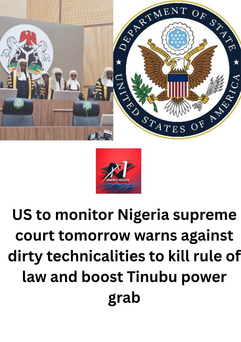 NNNewsMedia's tweet image. There is rising alarm that some justices might choose minor procedural tricks over the true rule of law handing Tinubu an easy way to tighten his grip on power and slowly turn Nigeria into a country that functions like a one party state.
nnnewsmedia.com/us-to-monitor-…