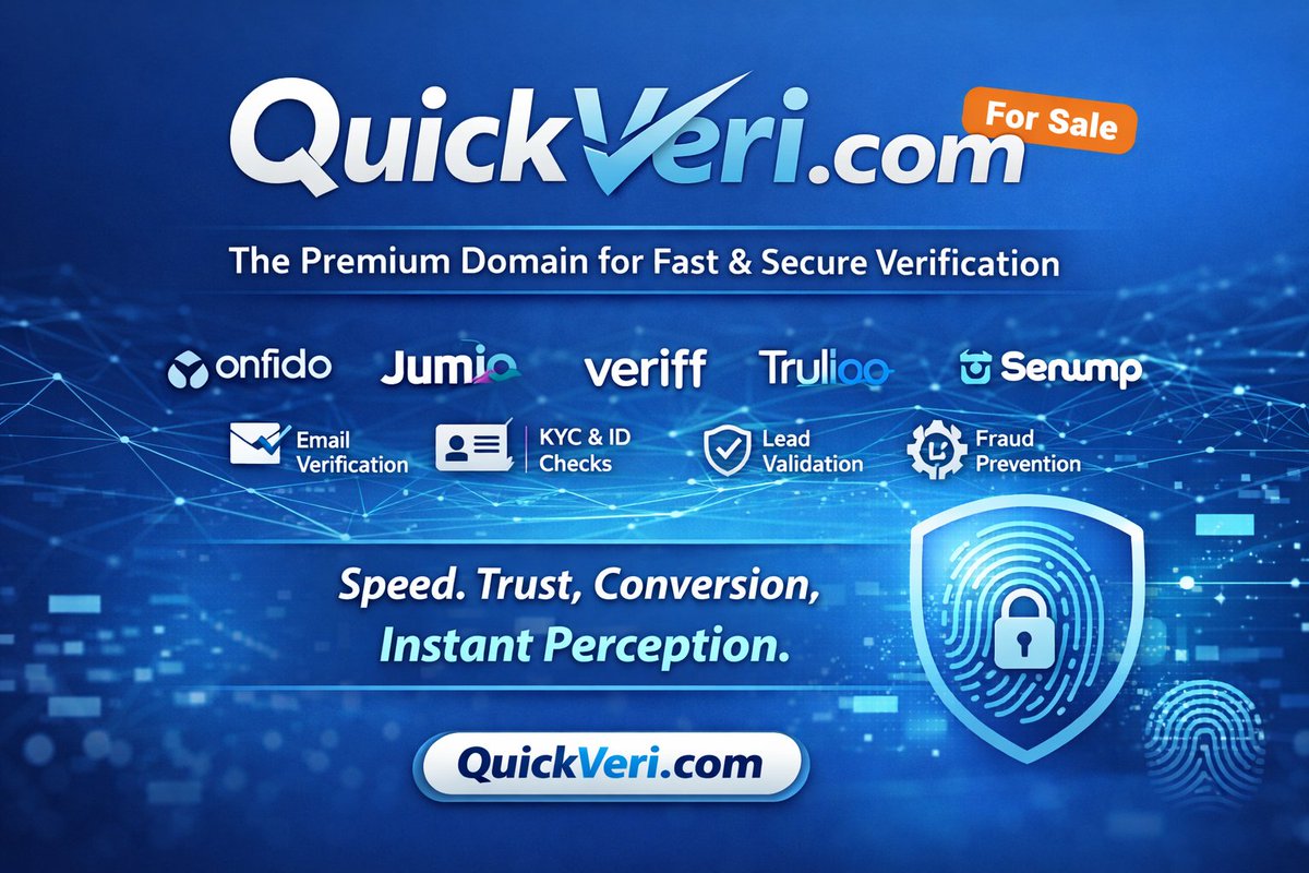 shamsheronline's tweet image. QuickVeri.com — premium .com built for the verification space.

Perfect for KYC, email validation, fraud prevention &amp;amp; API-based SaaS.

Short. Clear. High-conversion branding.

Explore availability: 

#domainforsale