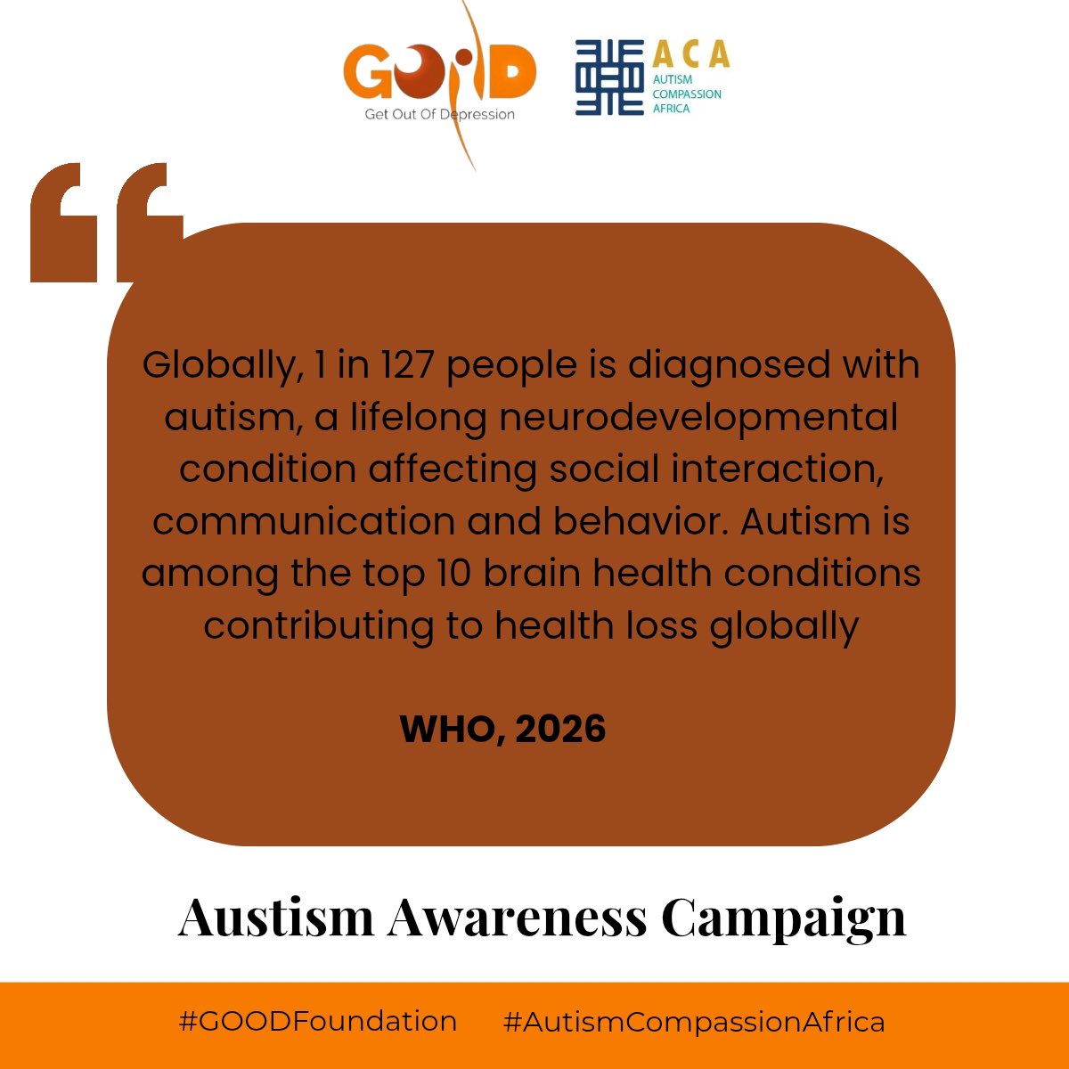 _GOODFoundation's tweet image. Globally, 1 in 127 people is diagnosed with autism, a lifelong neurodevelopmental condition affecting social interaction, communication and behaviour. Autism is among the top 10 brain health conditions contributing to health loss globally.
#AutismMonth2026 #AutismAwareness