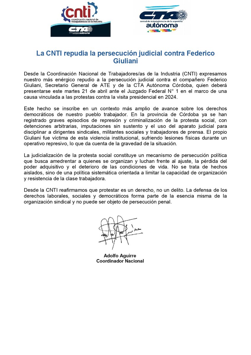 CNTICTA's tweet photo. Desde la CNTI repudiamos la persecución contra el compañero Federico Giuliani. https://t.co/8lNjNrtGYe