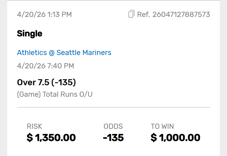 FREE MONEY MONDAY 💰

Two teams who know how to get on base, lets go over 📈 

Athletics + Mariners - Over 7.5 ⚾

Lock this in, and lets win 🚀