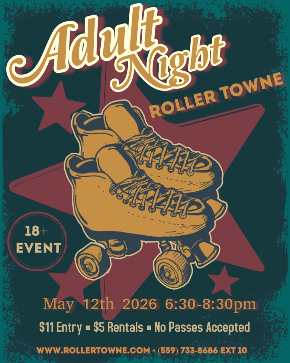 RollerTowne's tweet image. 🛼✨ ADULT NIGHT ✨🛼
Your weekday pick-me-up starts here

📅 Tuesday, May 12th 
🕡 6:30–8:30 PM

💲 $11 Admission
🎟️ $5 Skate Rentals

Good vibes. Great music. Smooth skating.
See you Tuesday 🛼🔥 You request it, we play it! 

#RollerSkate #GoodVibesOnly  #RollerTowne