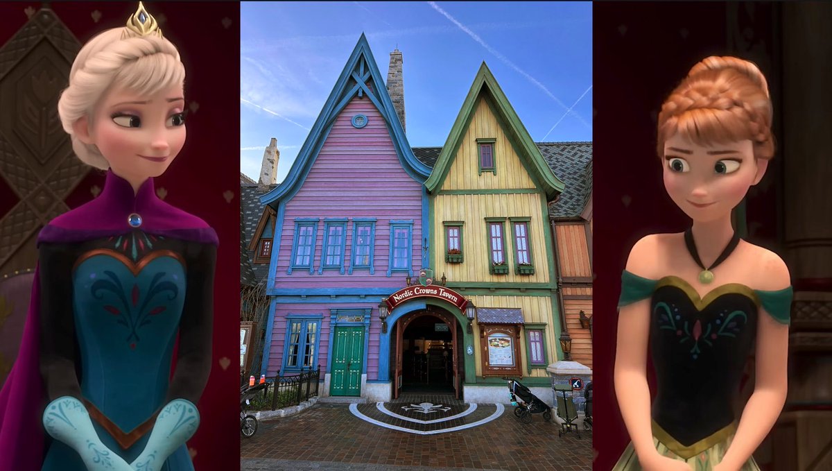 Did you know that each side of the exterior of Nordic Crowns Tavern was based on the colors of Anna &amp; Elsa’s dresses during Elsa’s coronation? AND the height of the buildings also reflect the difference in Anna &amp; Elsa’s height!