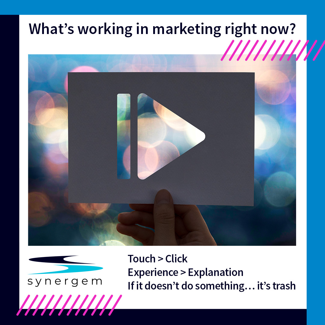 SynergemUSA's tweet image. What’s working in marketing right now?

Touch &amp;gt; Click
Experience &amp;gt; Explanation
If it doesn’t do something… it’s trash

More human. More memorable.

👉 Take action: synergem.com/products/ 

#OldIsNew #MarketingThatWorks #ExperientialMarketing #BrandExperience #B2BMarketing