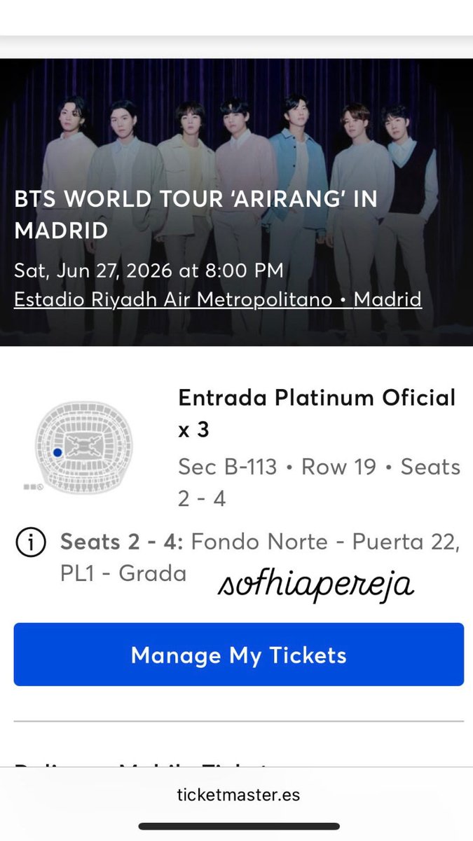 sofhiaapereja's tweet photo. @miss_mba88 Wts / Selling

3x BTS Arirang MADRID June 27th 
PLATINUM tickets, seat 2-4 sector B113 row 19 
€360 each ticket

Please dm me on insta if interested @/sofhiapereja

Payment through PayPal G&amp;S only &amp; Ticketmaster 💟 https://t.co/lyDJK5OOFE
