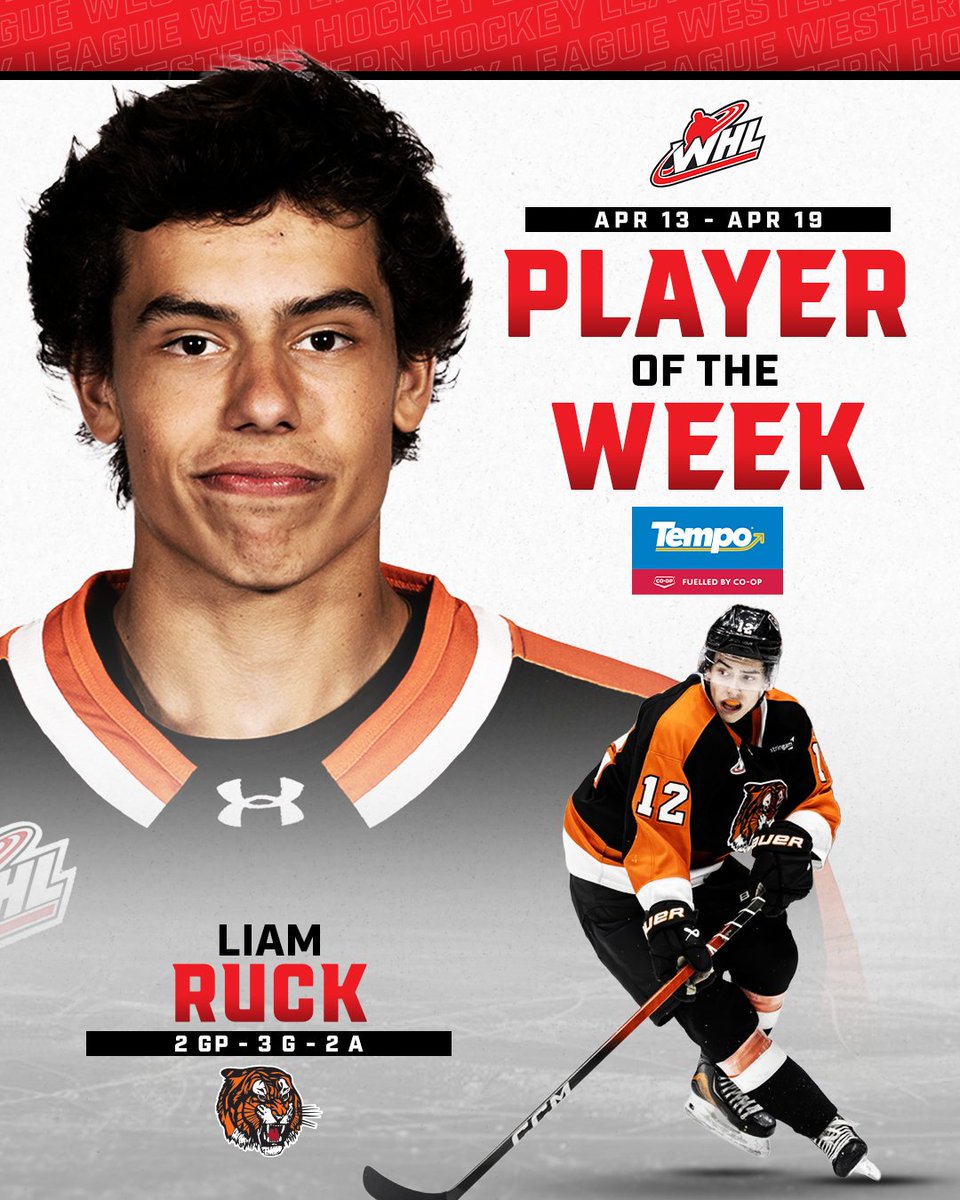 TheWHL's tweet image. RUCKAMANIA IS RUNNING WILD!

2026 #NHLDraft Top Prospect Liam Ruck has been named the Tempo #WHLPlayeroftheWeek, fuelled by Co-op after logging five points in the @tigershockey's second-round sweep over the Hitmen.

📝 | tinyurl.com/ytf2sa9t