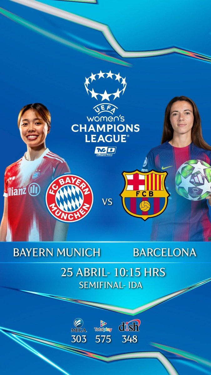 TVCDeportes's tweet image. UEFA WOMEN’S CHAMPIONS LEAGUE

La recta final de la @UWCL inicia con las semifinales y el choque entre:

@FCBfrauen 🆚 @FCBfemeni 

🗓️ 25 Abril 
⏰ 10:15 HRS
📺 303 @Megacable 575 @totalplaymx 348 @DishMx
🎙️ @soyrotorres /@Monifdc 

#UWCL  #ChampionsLeague #Barcelona #TVCDeportes