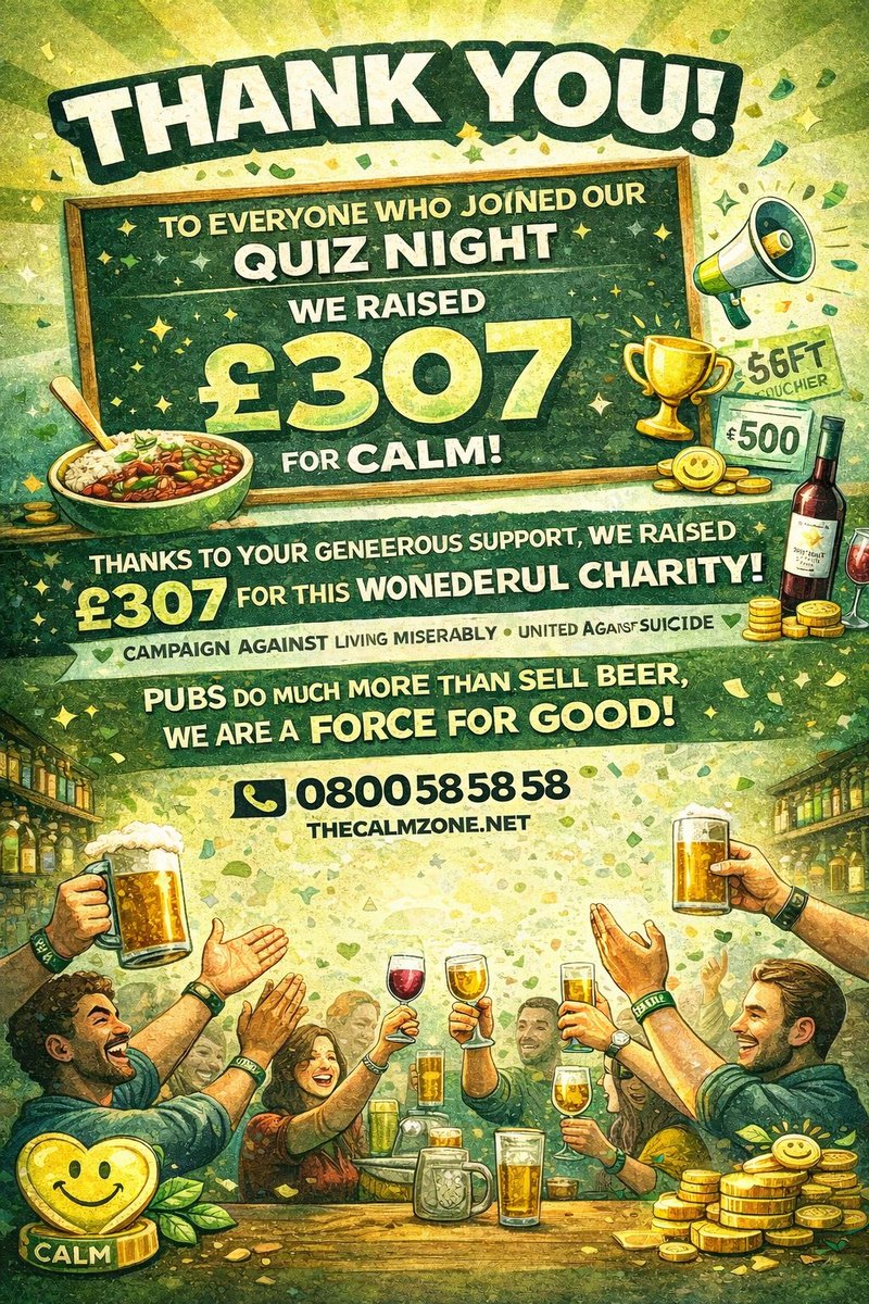 TheGardenHouse5's tweet image. @11cemetarygates @kennychild
A huge THANK YOU to everyone who joined our quiz night — together we raised £307 for CALM 💚
 pubs are about more than just pints 🍻 — we bring people together and make a real difference.
#Community #PubLife #CALM #MentalHealthMatters @pubaid