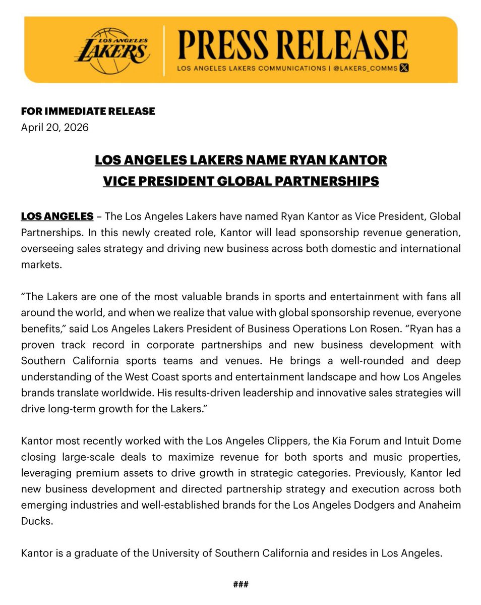 DStarkand's tweet image. #Lakers have hired Ryan Kantor as their vice president of global operations:
