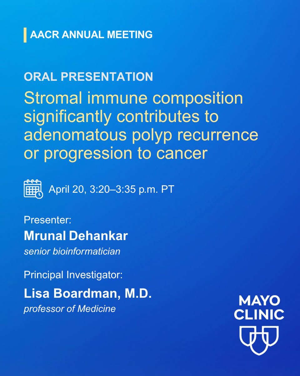 MayoClinic's tweet image. A Mayo Clinic study sheds light on why small growths called polyps can return after removal and develop into colorectal cancer.  

The study findings, presented at #AACR26, show that the environment surrounding the polyp, including immune cells and supportive tissue, may play a