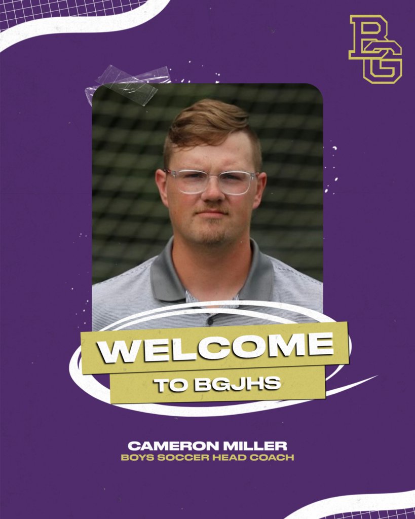 BgPurplesAth's tweet photo. BGJHS is proud to announce Coach Cameron Miller as our new Head Boys Soccer Coach! 

“I’m excited and honored to continue representing the Purples Soccer Program and its community. I look forward to getting started and building on the strong athletic tradition of this school. " https://t.co/g2VQRPCex8