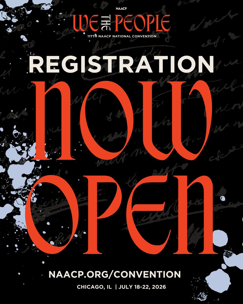 NAACP's tweet photo. Registration is now OPEN for the 117th #NAACPConvention!

From July 18-22, we’re coming together in Chicago to exchange ideas, build community, and create solutions for the challenges we face. This year’s theme, “We The People,” reminds us that democracy thrives when EVERY voice is heard.

Don’t miss your chance to be part of the movement. Secure your spot today!

https://t.co/eqJJbBHEof

#NAACPConvention #WeThePeople