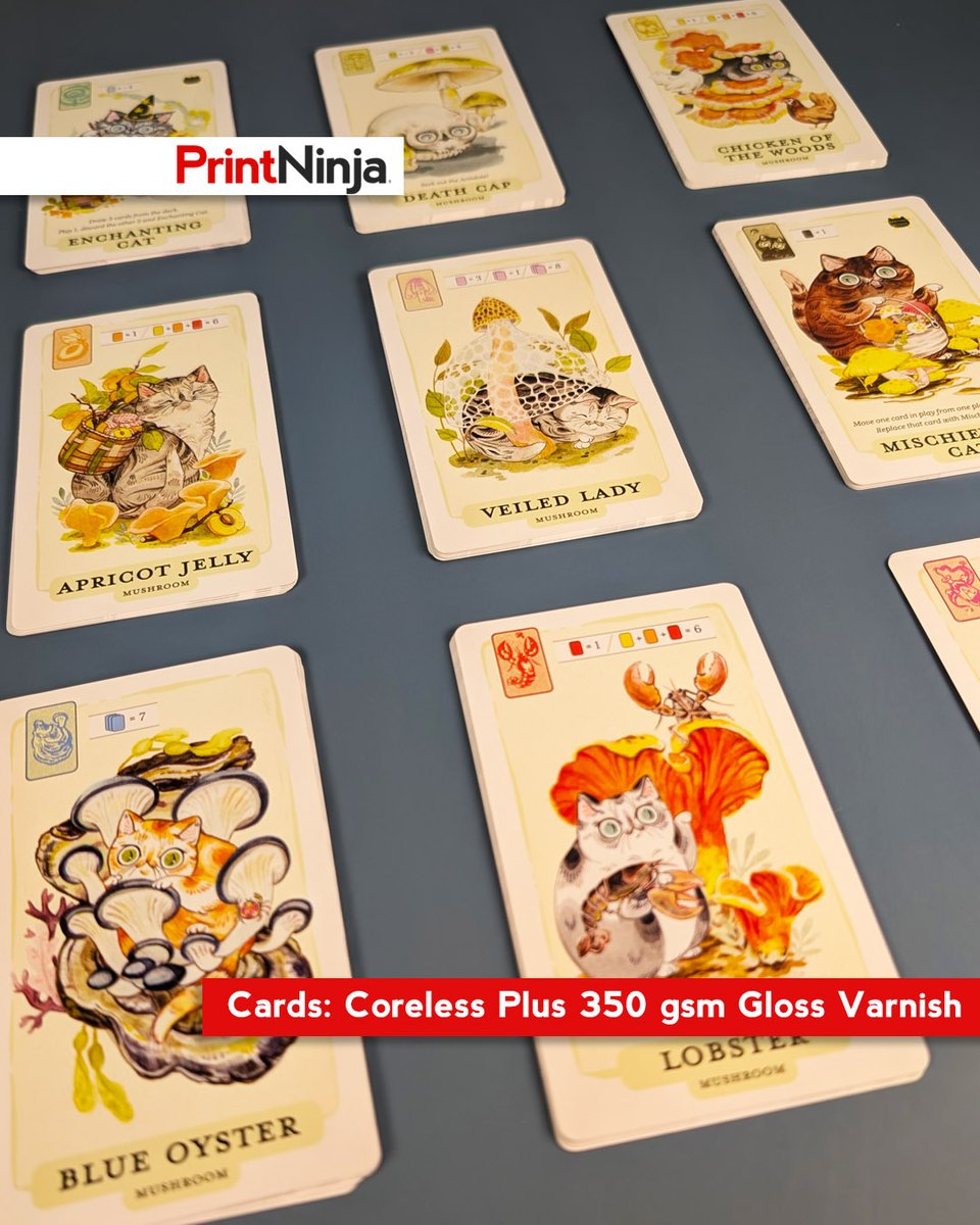 PrintNinja's tweet image. Looking for card game inspiration? Check out Mushroom Cats! by Paper Puffin—a whimsical deck packed with adorable art and mycological mischief. Get inspired and grab the Mushroom Cats deck (plus cute stickers!) at paperpuffin.com #CardGames #IndieGames #TabletopGames