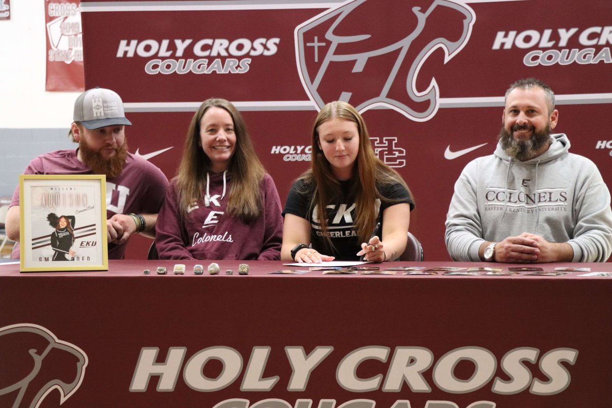 HCHSCougars's tweet photo. Congratulations to senior Addison Royse on signing to continue her cheerleading career at Eastern Kentucky University! Your energy, leadership, and dedication have made you such an asset to our program, and it’s been incredible to watch you grow. https://t.co/hss9leMfSr