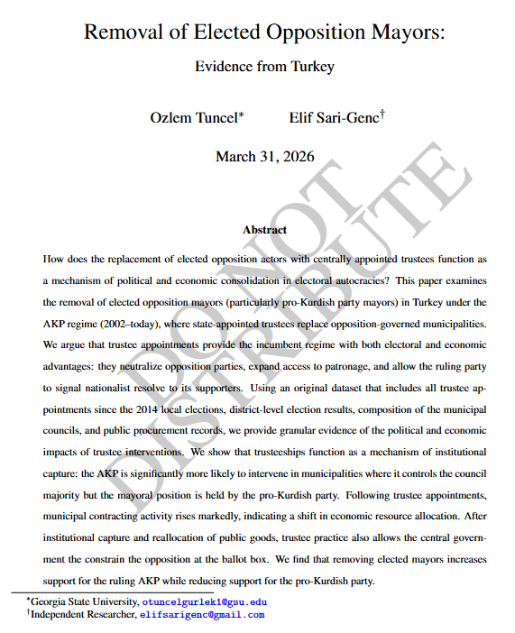ozlem__tuncel's tweet photo. For folks who will be at
@MPSAnet 
on Thursday and Friday, I'll be presenting two co-authored papers:  11:40 am THU: Higher education expansion under authoritarianism (with
@FelixWiebrecht
)  1:30 pm FRI: Removal of elected opposition mayors (with
@ElifSariGenc
)   #MPSA2026 https://t.co/a40PhyZd4u