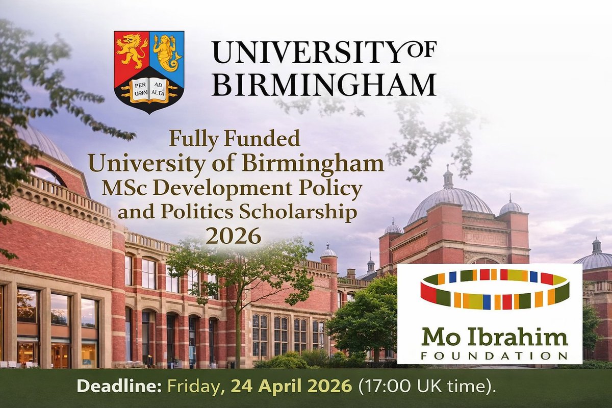 opportunitiesfy's tweet image. 🎓 Fully Funded MSc + Internship 🇬🇧
💰 Tuition + stipend (£1,592/month)
 ✈️Travel + visa covered
 🌍Mo Ibrahim Foundation internship
⏰ Deadline: 24 April 2026
🔗 Apply: wp.me/p23f03-9Gm
#Scholarships #Africa
