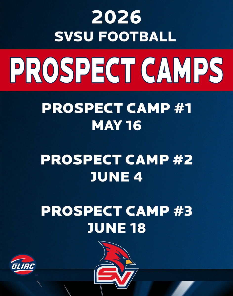 🚨 Sign Up Now‼️ 🚨

🏈 SVSU Prospect Camp 1⃣
🗓️ May 1⃣6⃣

🏈 SVSU Prospect Camp 2⃣
🗓️ June 4⃣

🏈 SVSU Prospect Camp 3⃣
🗓️ June 1⃣8⃣

🔗 svsufootballcamps.totalcamps.com/shop/EVENT

#BeaksUp | #GoCards
