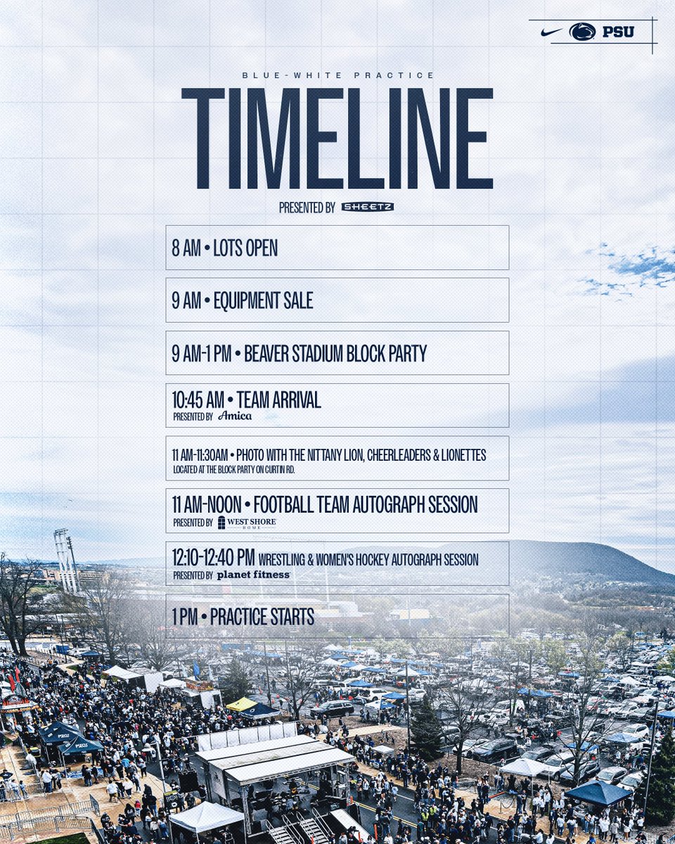 PennStateFball's tweet image. The full rundown for Saturday ⬇️

2026 Blue-White Central
🔗 bit.ly/PennStateFball…

#WeAre | @Sheetz
