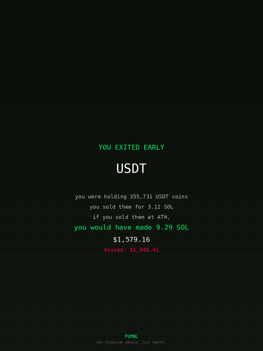 aarontic's tweet image. just checked fumbledbags.lol bro generational sell on $USDT 
coulda been rich )_: 

33QHvjq7dvP6wxzXLXx7HgnL4HKr5SQkyBa1aXWP7LyB 
#rainbow 
#failure