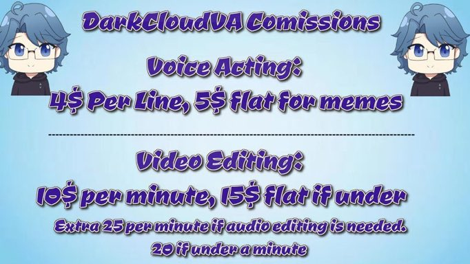DarkCloudVA's tweet image. Hey there folks 
As you know I lost my job last month and it's been rough finding a new one 
So i'm reoprning voice and video editing commissions 

If interested drop me a DM or email me, It's on my profile. 

if you're feeling generous i'll also leave my paypal in the comments