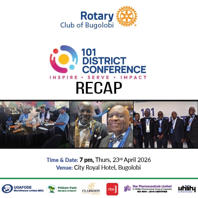 Rotary_Bugolobi's tweet photo. Join Rotary Club of Bugolobi for our 101st District Conference RECAP .

🗓️ Thurs, 23 Apr 2026 | 7 PM  
📍 City Royal Hotel, Bugolobi  

We’re unpacking key takeaways to INSPIRE • SERVE • IMPACT our community even better. All are welcome! https://t.co/tf1oKL1tuc