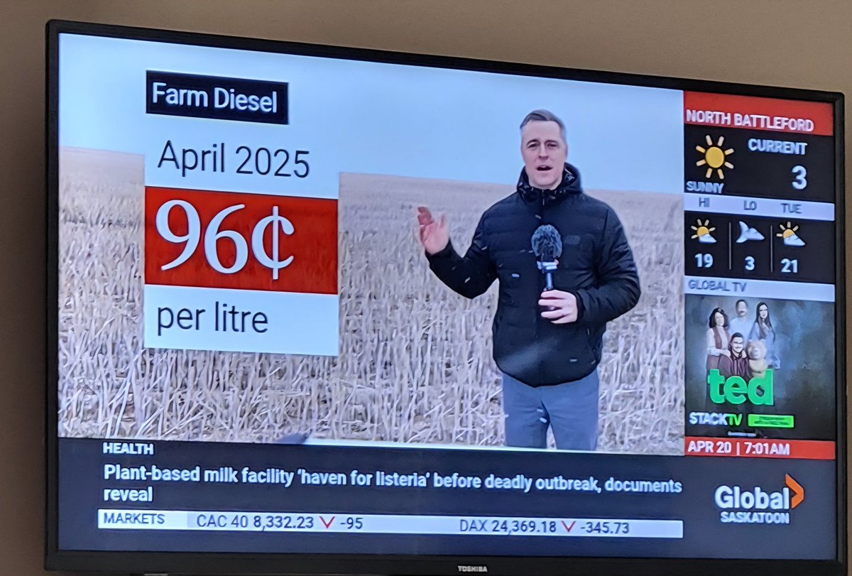 SheldonDowling's tweet photo. GlobalSaskatoon please check your math and correct this error:
($1.55-$0.96)/$0.96
×100%=61.9% increase in farm diesel price, NOT 37% 
AND
($1399-$755)/$755×100%=85.3% increase in urea price, NOT 45% https://t.co/nzhV8vSipn