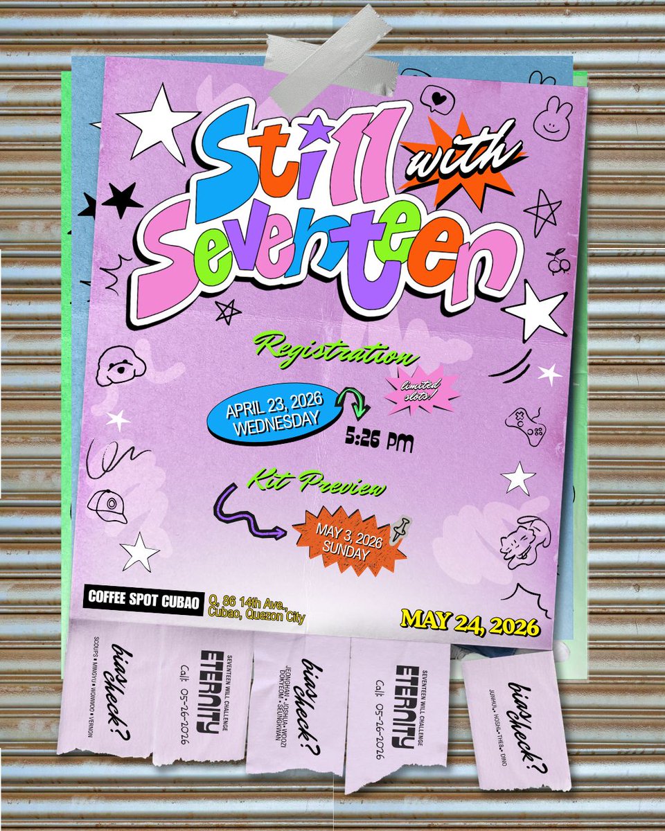 Sti11 with Seventeen 💎

Here’s a scheduler for our 11th anniversary celebration 🥳 

🗓 April 23 (5:26 PM): Registration 
🗓 May 3: Kit Preview
🗓 May 24: Main Event 🎉

Limited slots (secure yours early) 😉

Let’s celebrate 11 years of SEVENTEEN together 🩷🩵 #Sti11WithSVT