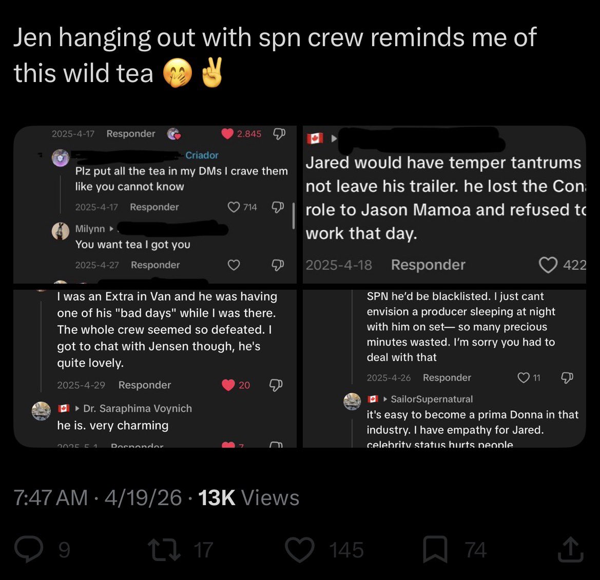 Funny how in real life it’s the opposite and everyone that has worked with Jared has always said nice things. Also if he was blacklisted don’t you think he wouldn’t be in movies or shows anymore. Like he literally has a Netflix movie coming out. Just stupid and loud