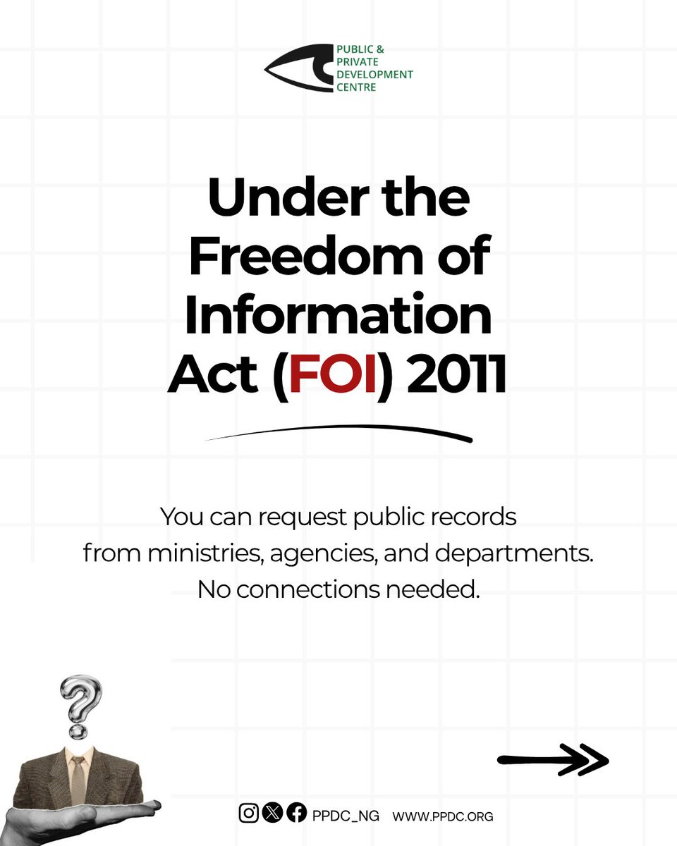 PPDC_ng's tweet image. Citizens like to ask : "Where is all this money going?”

By law, you have the right to find out and the FOI Act empowers you  to do so. 

Silence can enable corruption, but access to information is a powerful tool for accountability.

#ppdcng #Transparency #FOI