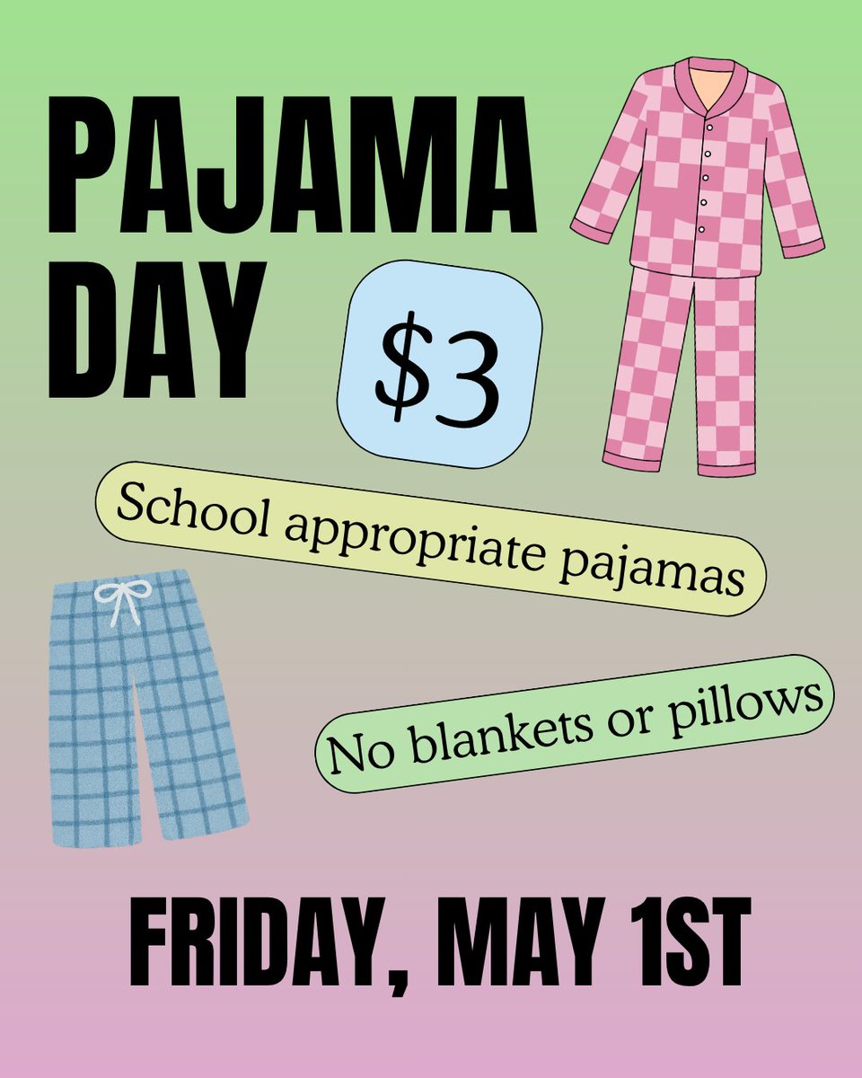MCJHGators's tweet photo. Pajama Day is next Friday! 💤
Stay comfy, stay cozy, and show up in your favorite PJs! 🛌✨ https://t.co/rNqspxUjEx