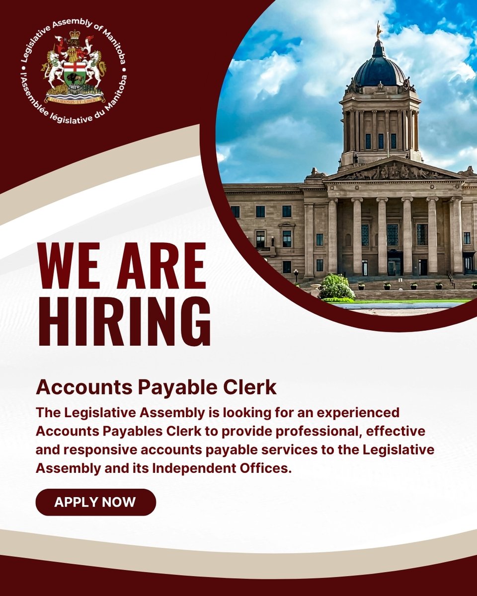 MBLegislature's tweet image. Legislative Assembly is hiring
· Accounts Payable Clerk
· Closing Date: April 27, 2026

Click the link provided to find out more about the position and how to apply.
gov.mb.ca/legislature/re…

#LegMB #JobOpportunity #JobOpening #nonpartisan