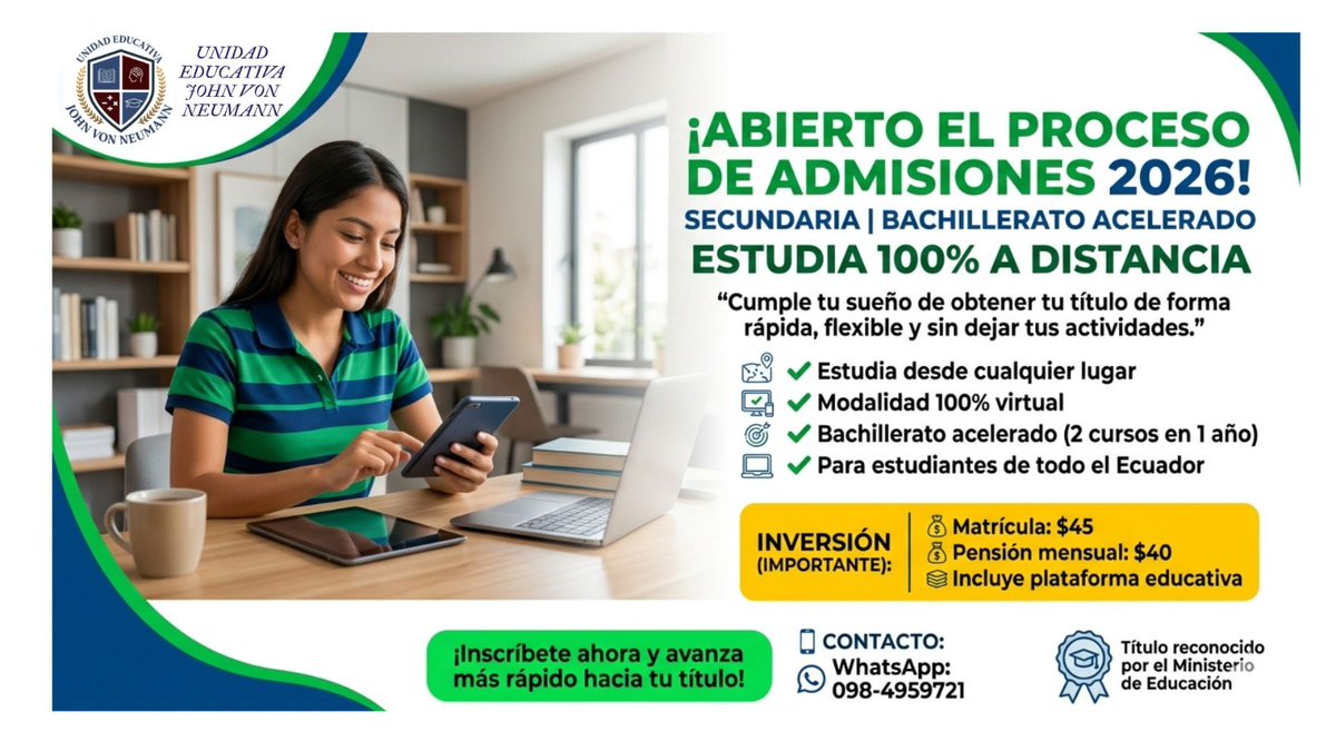 ManfreMoran1's tweet photo. La Unidad Educativa PCEI John Von Neumann, ofrece los servicios educativos de octavo de Educación Básica hasta tercero de Bachillerato en la especialidad de Ciencias, para estudiantes que tengan escolaridad inconclusa, es decir que no se hayan graduado. 
100% en linea. https://t.co/k4mlEFZue9