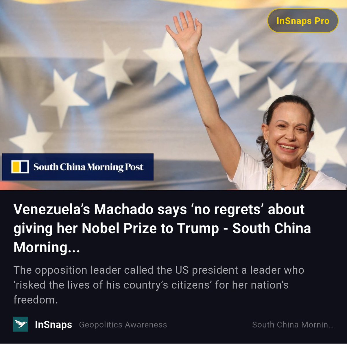 BuildWtPrakhar's tweet image. Venezuela’s Machado says ‘no regrets’ about giving her Nobel Prize to Trump - South China Morning... | South China Morning Post

Shared Via InSnaps App: insnaps.app/a/L_9InhB8t39E…

#SouthChinaMorningPost #Us #Confrontation #Machado #Nobel #Prize #Trump
