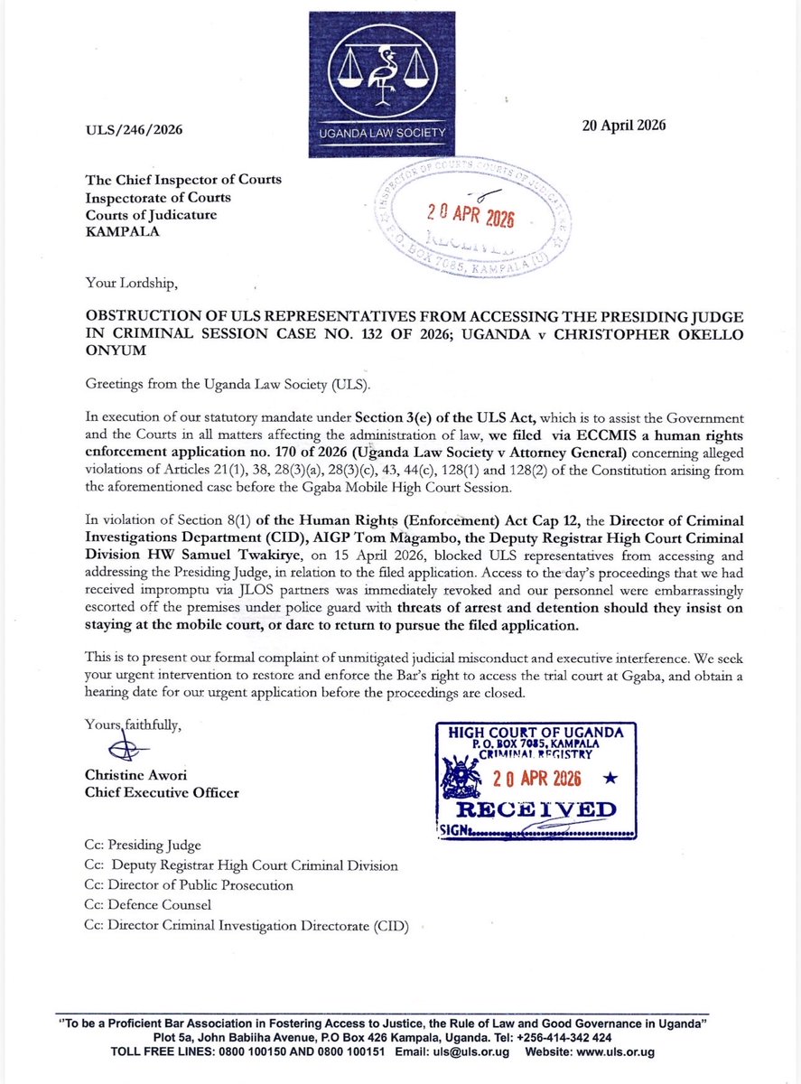 COLLEAGUES: Read the Bar’s letter to the Chief Inspector of Courts about the Ggaba Mobile Court. Then decide.

Fact: <a href="/JudiciaryUG/">Judiciary Uganda</a> has lost control.

Army, police &amp; State House are running that courtroom. Our judicial leaders can’t even list a case if the regime doesn’t want it.