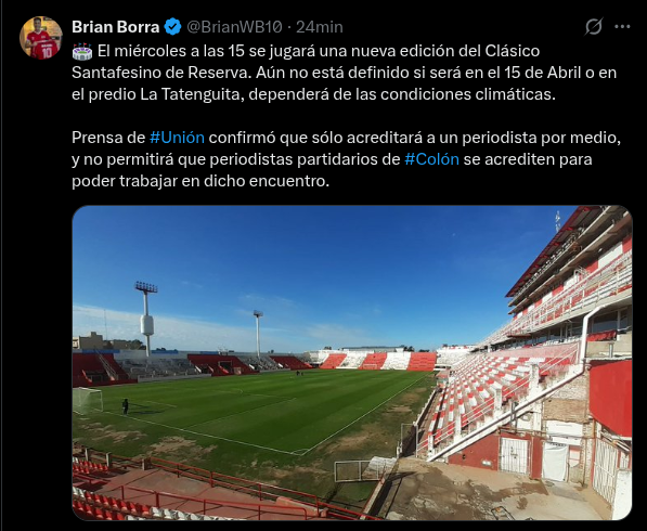Desde este espacio lamentamos la decisión del <a href="/clubaunion/">Club Atlético Unión</a> que impedirá a <a href="/BrianWB10/">Brian Borra</a> cubrir a su amado #Colón y nos solidarizamos con nuestro gemelo idiota.

#LibertadDePrensaPartidariaYA