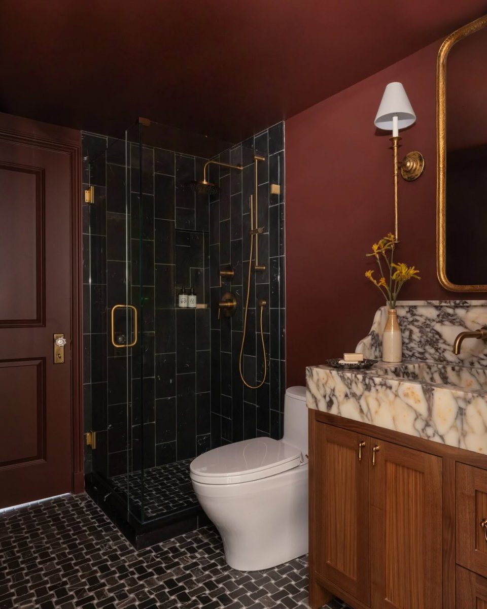 Aal7sia's tweet image. Bold, sexy, divinely mysterious. Our client challenged us to go deep on this bathroom and it was just the words we needed to hear to bring out the red color swatches, gold brushed hardware, viola stone sink, warm wood tones and Nero Marquina tile floor.#WorkModeOn #Interior