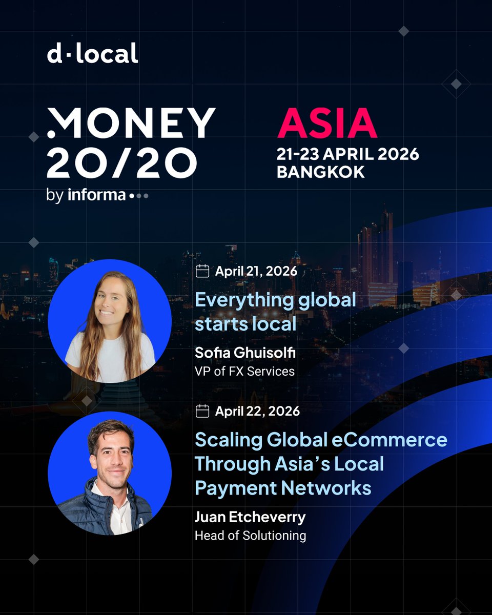 dLocalPayments's tweet image. Two conversations. One stage. 

Sofia Ghuisolfi and Juan Etcheverry are taking the MoneyPot Stage at Money20/20 Asia this week to unpack what it really takes to move payments across Asia's markets.

We'll be at Booth 7004. Come talk to us.

#Money2020Asia #CrossBorderPayments